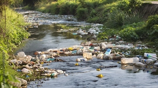 Fototapeta River covered with garbage: Photo of a river or lake covered with floating garbage and plastic waste, showing the problem of water pollution.