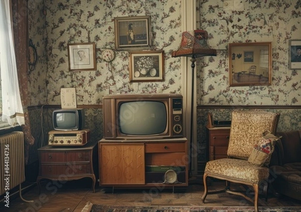 Fototapeta A vintage room with wallpaper, a floor lamp and an old television set. There is also furniture such as an armchair, a chest of drawers and framed pictures on the wall. A rolled up poster hangs above