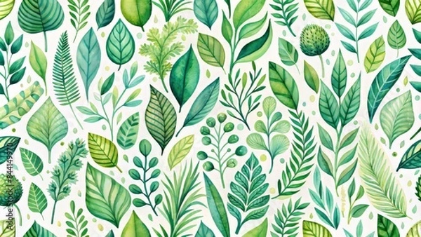 Fototapeta Vibrant watercolor green seamless pattern featuring intricate leaf illustrations with organic textures and natural shapes, perfect for backgrounds and design elements.