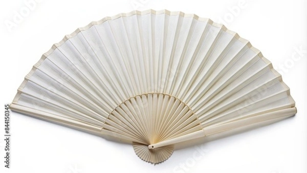 Fototapeta Isolated white folding hand fan lies flat against a clean white background, its delicate ribs and gentle curves highlighted in crisp, high-contrast detail.