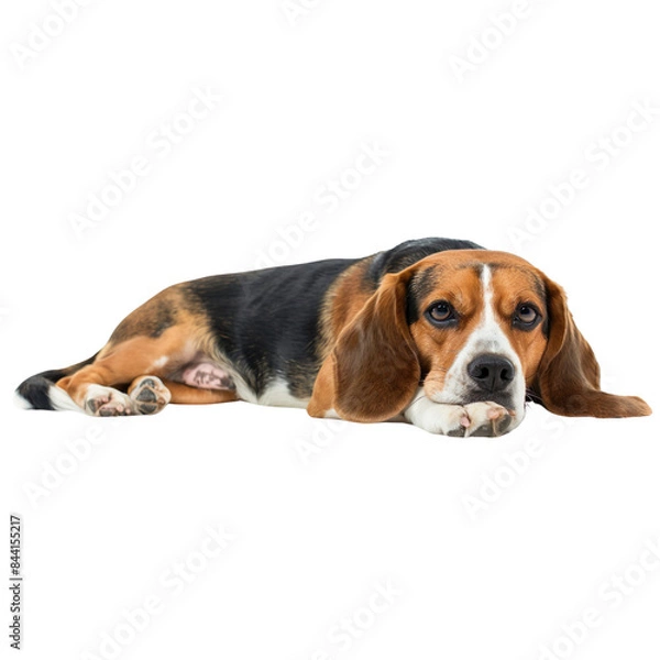 Fototapeta A Beagle lying down with a relaxed expression