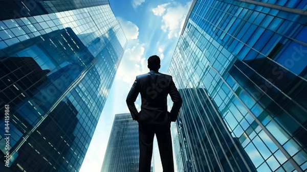 Fototapeta A man in a suit stands in front of a tall building, looking up at the sky