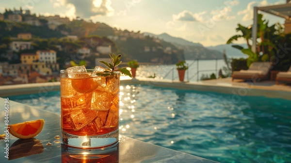 Obraz close up of a cocktail with luxury swimming pool in the background, 5 star luxury travel