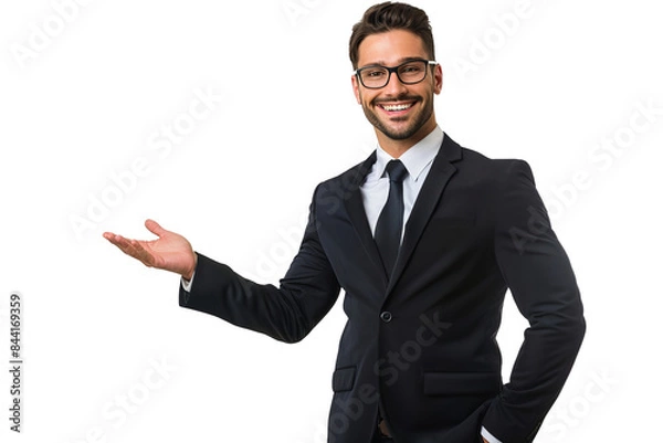 Fototapeta Isolated on white background, a businessman presenting with a smile, holding an open hand, ready to explain or persuade in a business setting