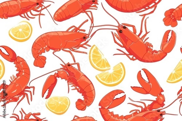 Fototapeta Seamless pattern of lobster and lemon slices
