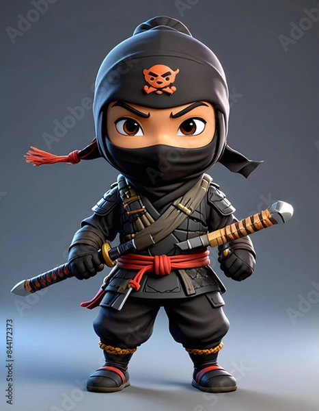 Fototapeta A 3D animated Cute Cartoon Ninja Character 3D Rendered on Gray background.