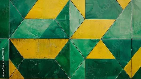 Fototapeta Green and Yellow Geometric Tile Wall with Abstract Patterns and Textures