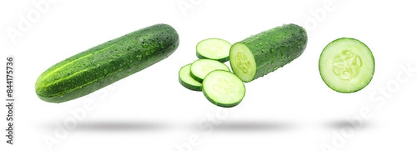 Obraz Flying cucumber has water drop with slices collection isolated  on white background.