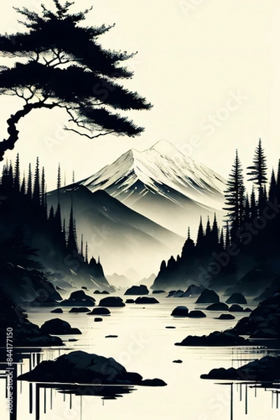 Fototapeta A black and white illustration of a snow covered mountain with a river flowing through it.