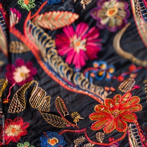Fototapeta Macro photography of the detailed embroidery on a traditional garment, focusing on the vivid threads and complex patterns that define the textile's beauty