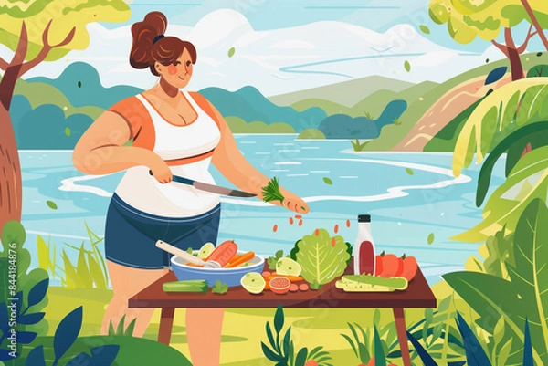 Fototapeta A woman is cooking food on a grill in a lush green field. The scene is peaceful and serene, with the woman focused on her task. The food being cooked includes vegetables and fruit, such as apples