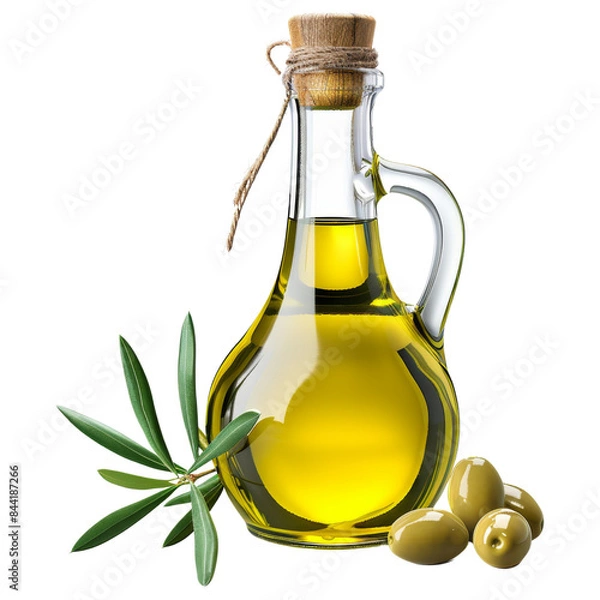 Fototapeta Glass bottle of olive oil with cork stopper, accompanied by fresh green olives and a branch, isolated on transparent background.