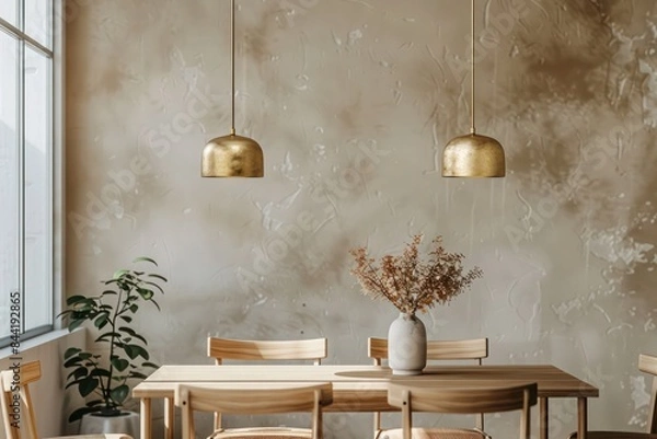 Fototapeta Minimalist dining area decor: Modern design with brass pendant lights against beige stucco wall creating a clean and minimalist aesthetic