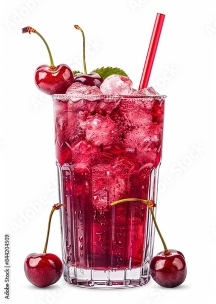 Fototapeta a glass of red liquid with cherries on the bottom