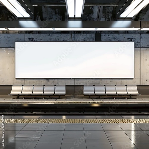 Fototapeta Modern seating at a subway platform bench with a wide horizontal billboard mock-up above.