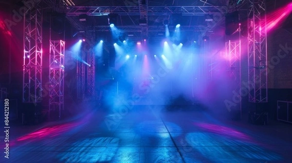 Fototapeta A large, brightly lit room with a blue haze. The room is filled with lights and speakers, and the atmosphere is energetic and exciting