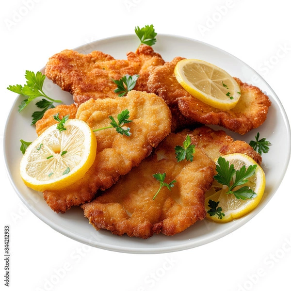 Fototapeta German Schnitzel with Lemon and Parsley Isolated on Transparent or White Background, PNG