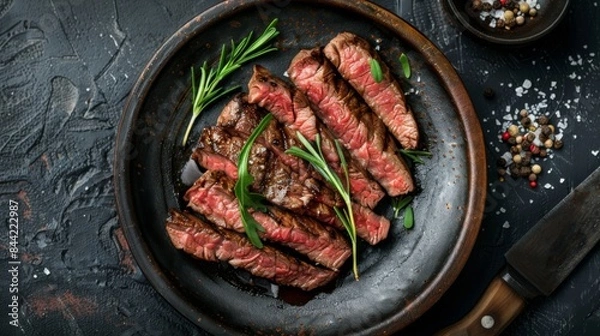 Obraz Juicy and tender steak slices cooked with a beautiful sear on the outside and a perfectly