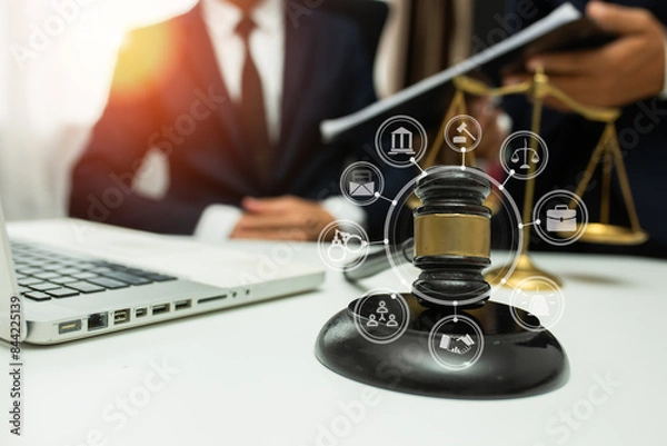 Obraz team meeting.businessman discussing legal legislation at law firm. judge gavel 