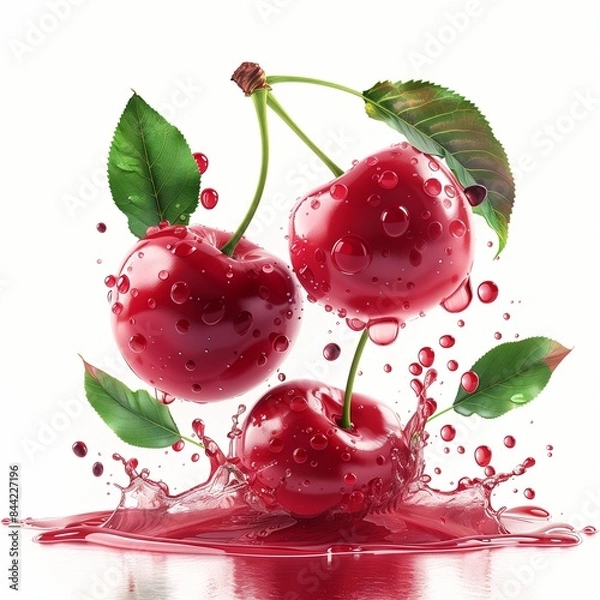 Fototapeta Vibrant red morello cherries splash into juice, isolated on a white background. Concept of the summer fruits photography.
