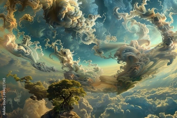 Fototapeta Enchanting surreal dreamscape with swirling clouds, floating islands, and shifting landscapes