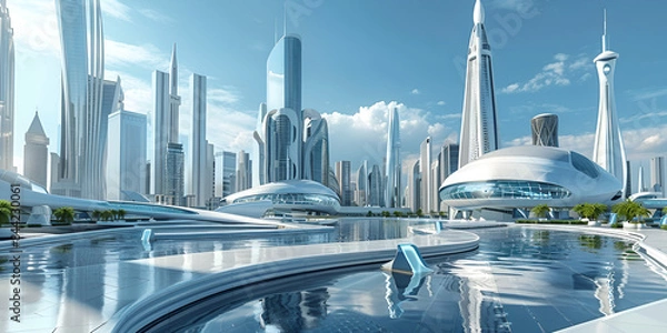 Fototapeta Daytime in a Futuristic City, Modern Urban Landscape of the Future, Sleek flying pods navigate between towering skyscrapers in a sunlit futuristic cityscape with curved highways