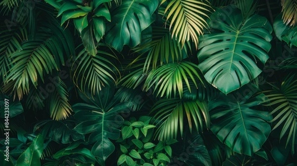 Fototapeta Lush green tropical plant foliage, detailed close-up of vibrant leaves creating a natural jungle ambiance. Perfect for nature backgrounds and wallpapers.