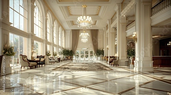 Fototapeta Elegant and spacious interior of a luxurious hotel lobby with grand chandeliers and sophisticated decor.