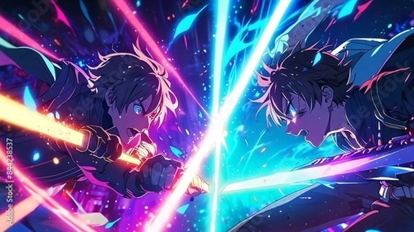 Fototapeta A stunning scene of an epic battle between anime warriors, their eyes glowing with neon colors, capturing the intensity and drama of the fight with vibrant, electrifying energy.