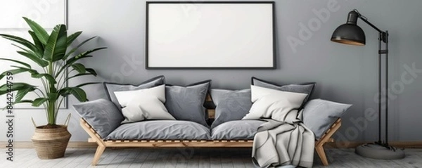 Fototapeta A living room with a white framed picture on the wall