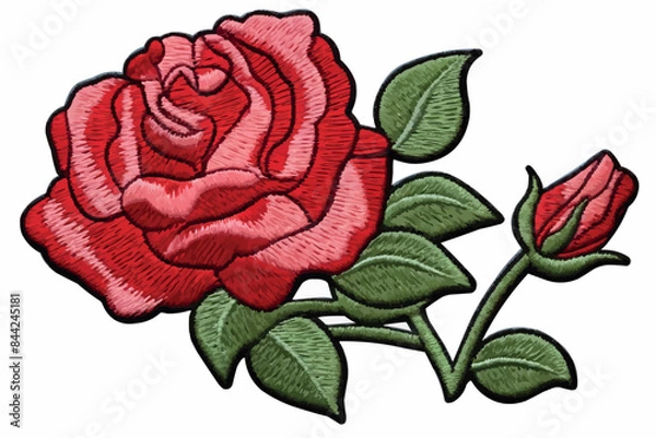 Obraz Embroidery red rose with green leaves on black background. Stock line vector illustration.