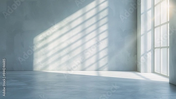 Obraz Minimalist studio background with a white wall and sunrays streaming in, rendered in 3D with Unreal Engine for a hyper-realistic look