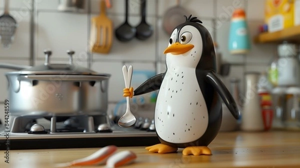 Fototapeta Illustration of Penguin chef holding a spoon and knife, standing in front of a tiny stove, cooking a fish, adorable and playful. Ai Generate.