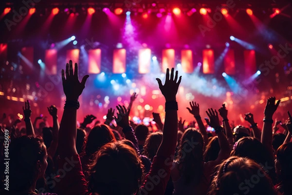 Fototapeta Silhouette of a crowd dancing and cheering at a music festival, party night scene with vibrant colors with red lighting