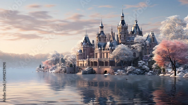 Fototapeta A winter wonderland featuring the Schwerin Castle covered in a blanket of pristine snow. The castle's elegant towers and the surrounding trees are adorned with a delicate layer of frost