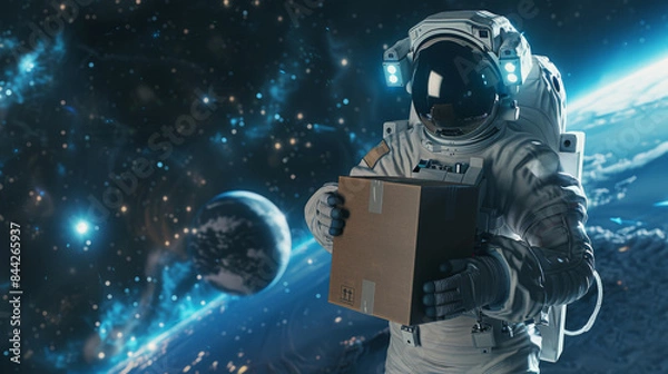Fototapeta Astronaut is holding a package in space with earth in the background