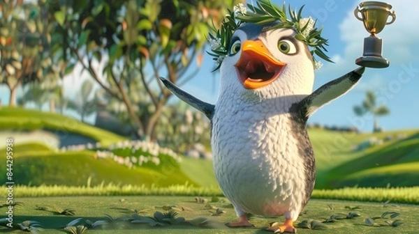 Fototapeta Illustration of Penguin celebrating a golf victory, holding a tiny trophy and wearing a laurel wreath. Ai Generate.
