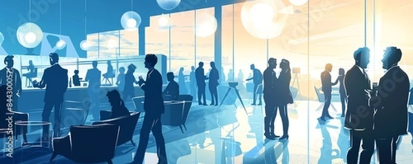 Fototapeta Silhouettes of people networking at a corporate event in a modern city setting with a warm sunset through large windows.