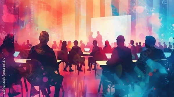 Fototapeta Vibrant corporate seminar with diverse attendees learning and networking in a colorful, modern setting. Perfect for business and education themes.