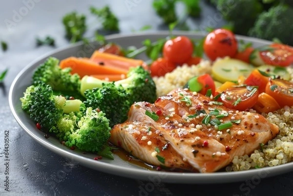 Fototapeta A clean photo of a meal for metabolic health featuring a plate of lean protein, quinoa, and steamed vegetables. Highlight the balanced nutrition and metabolic support with vibrant, healthy ingredients