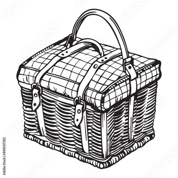 Fototapeta Drawing of realistic picnic basket, black vector illustration on white background