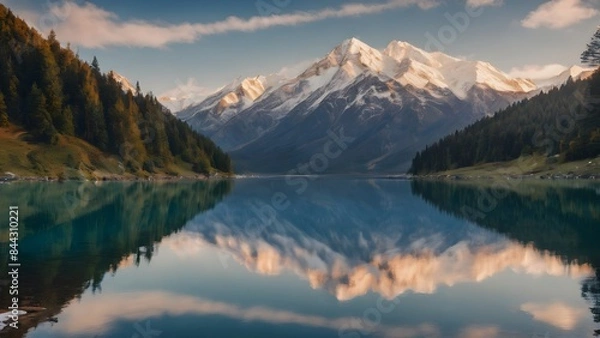 Fototapeta A snow-capped mountain range reflected in a calm lake