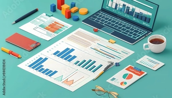 Fototapeta Flat design of financial management with financial dashboard, income, and expense reports