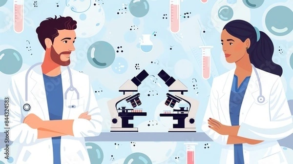 Obraz Two scientists in lab coats stand facing each other with microscopes between them.