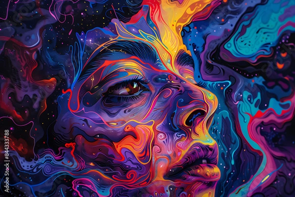 Fototapeta Psychedelic art featuring vibrant colors, abstract patterns, and surreal imagery, creating a mesmerizing and mind-bending visual experience