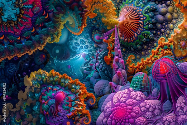 Fototapeta Psychedelic art featuring vibrant colors, abstract patterns, and surreal imagery, creating a mesmerizing and mind-bending visual experience