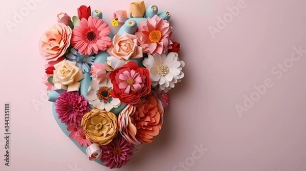 Fototapeta Craft a vibrant 3D human heart artwork integrating fresh flowers and paper collage, highlighting anatomical elements in soft pastel tones on a simple background