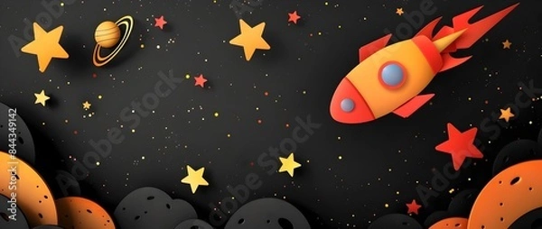 Fototapeta Whimsical Papercraft Cosmic Scene with Rocket Comet and Twinkling Stars in Night Sky