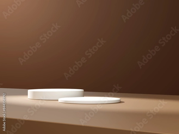 Fototapeta 3d display product minimal scene with geometric podium platform. cylinder background 3d rendering with podium. stand for cosmetic products on brown background.