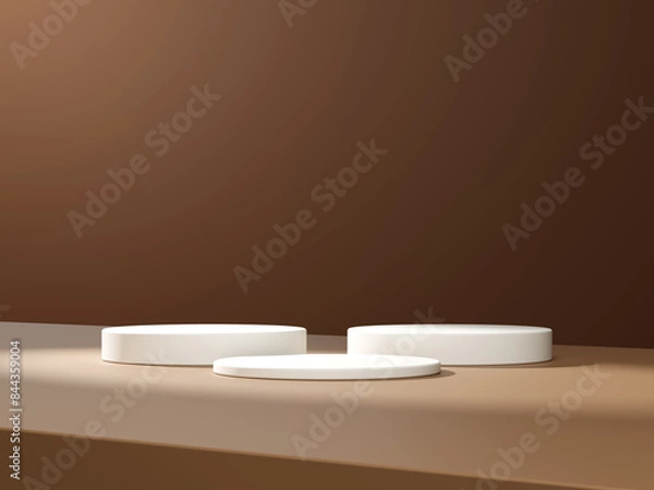 Fototapeta 3d display product minimal scene with geometric podium platform. cylinder background 3d rendering with podium. stand for cosmetic products on brown background.